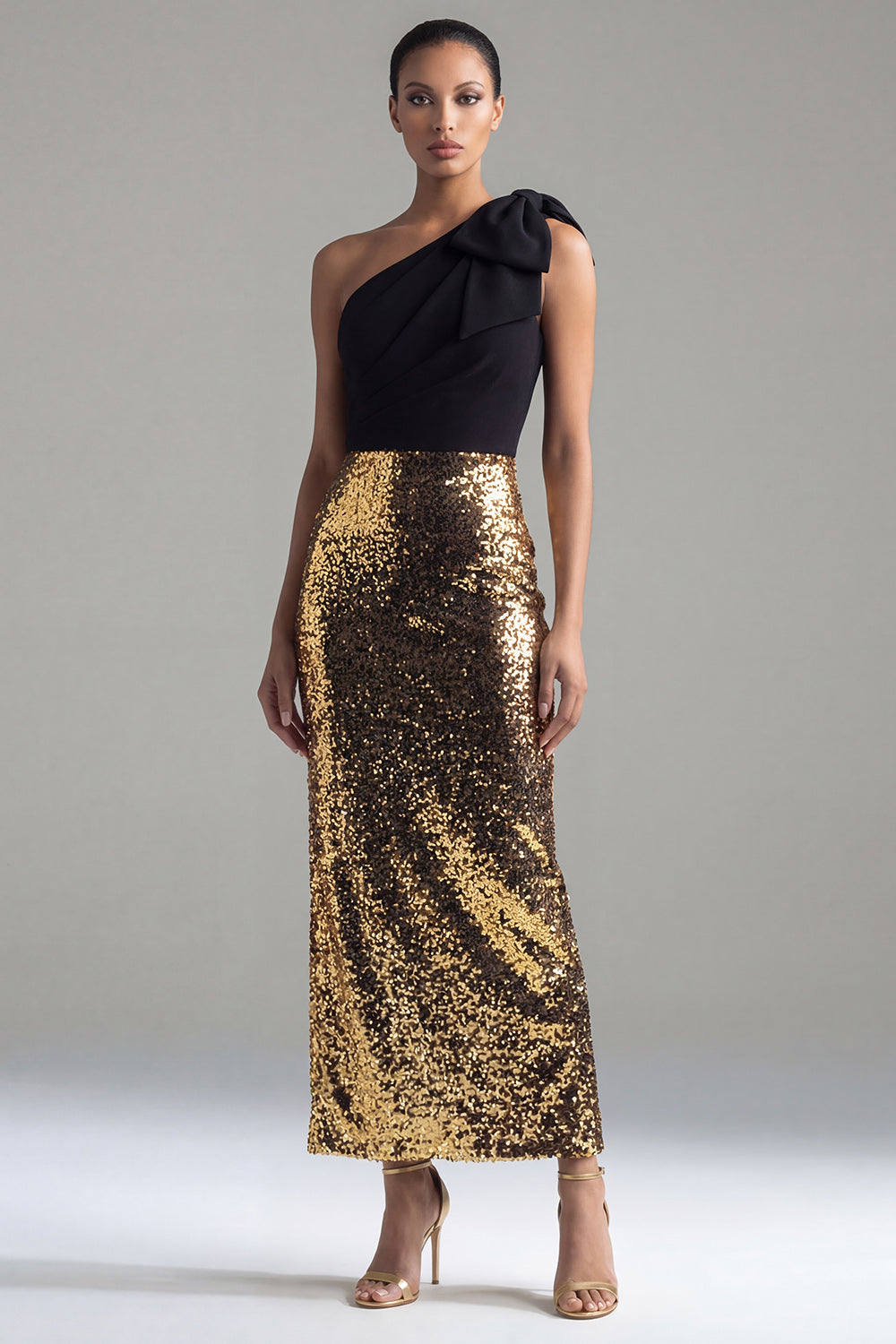 Zapakasa Women Black and Gold Long Sequin Formal Dress with Bow Ruched