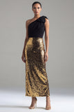 Black and Gold One Shoulder Maxi Glitter Sheath Sequin Formal Dress with Bow
