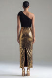 Black and Gold One Shoulder Maxi Glitter Sheath Sequin Formal Dress with Bow