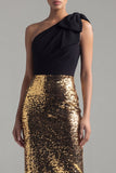 Black and Gold One Shoulder Maxi Glitter Sheath Sequin Formal Dress with Bow