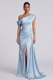 Sky Blue One Shoulder Ruched Long Mermaid Formal Dress with Side Cape