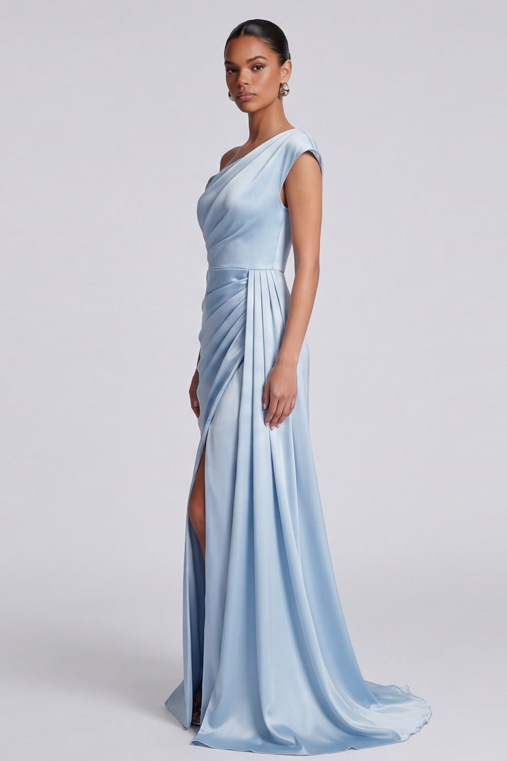 Sky Blue One Shoulder Ruched Long Mermaid Formal Dress with Side Cape