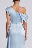 Sky Blue One Shoulder Ruched Long Mermaid Formal Dress with Side Cape