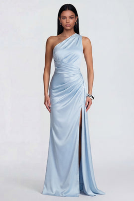 One Shoulder Sky Blue Ruched Long Mermaid Formal Dress with Slit