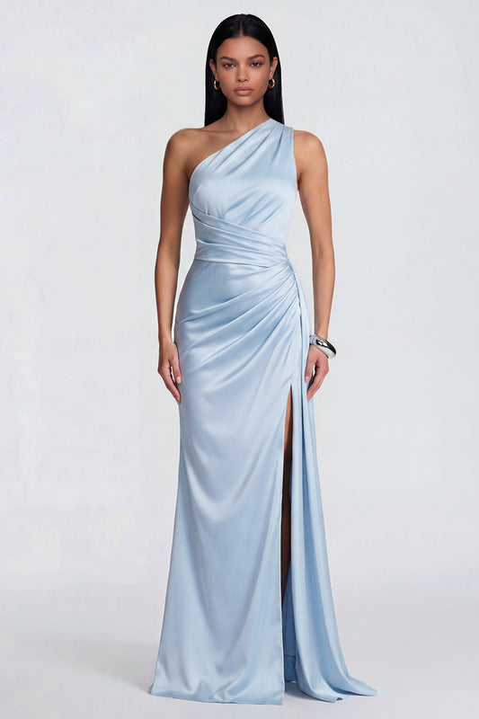 One Shoulder Sky Blue Ruched Long Mermaid Formal Dress with Slit