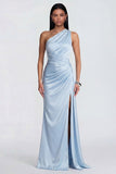 One Shoulder Sky Blue Ruched Long Mermaid Formal Dress with Slit