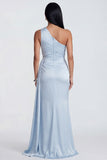 One Shoulder Sky Blue Ruched Long Mermaid Formal Dress with Slit