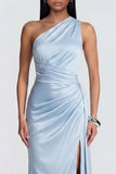 One Shoulder Sky Blue Ruched Long Mermaid Formal Dress with Slit