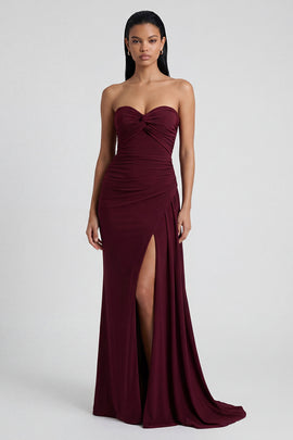 Burgundy Strapless Ruched Long Mermaid Formal Dress with Slit
