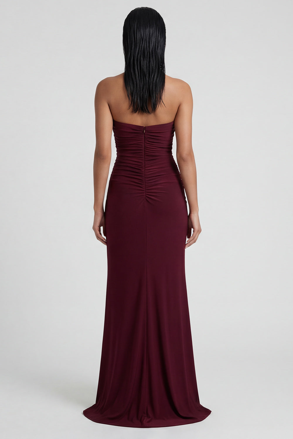 Burgundy Strapless Ruched Long Mermaid Formal Dress with Slit