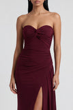 Burgundy Strapless Ruched Long Mermaid Formal Dress with Slit