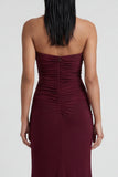 Burgundy Strapless Ruched Long Mermaid Formal Dress with Slit