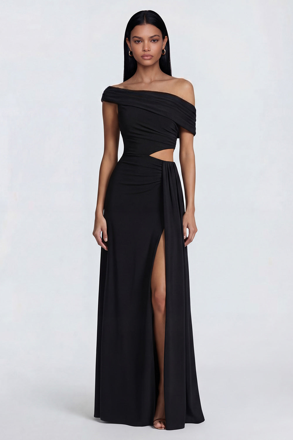 Black Ruched Long Sheath Cut Out Formal Dress with Side Cape