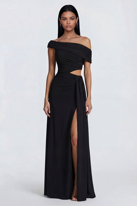 Black Ruched Long Sheath Cut Out Formal Dress with Side Cape
