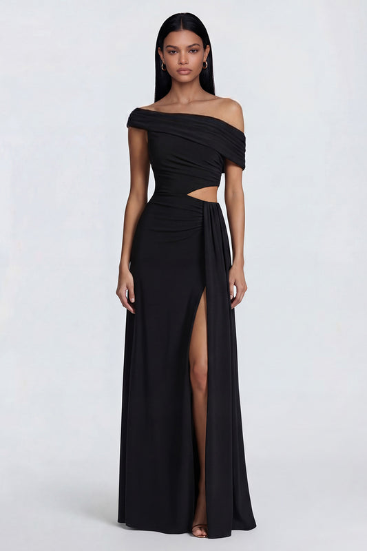 Black Ruched Long Sheath Cut Out Formal Dress with Side Cape