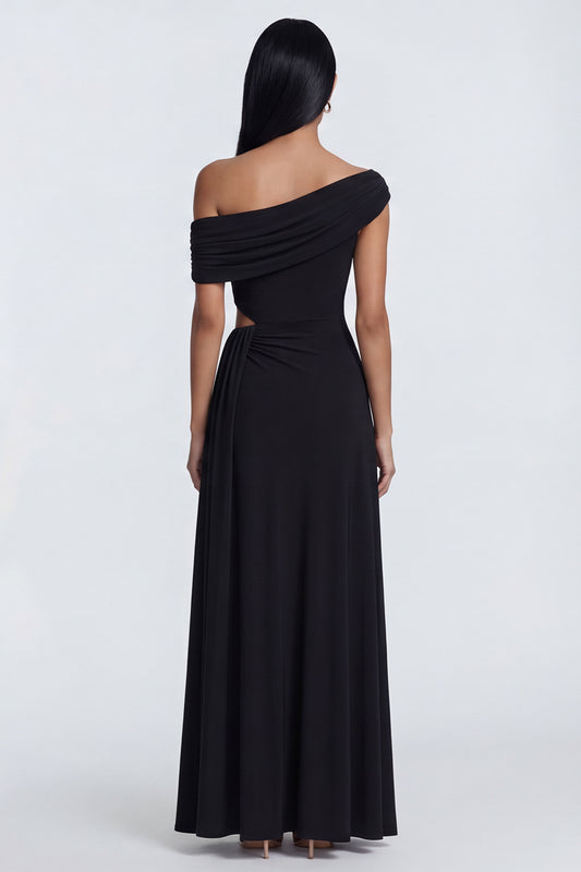 Black Ruched Long Sheath Cut Out Formal Dress with Side Cape