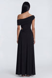 Black Ruched Long Sheath Cut Out Formal Dress with Side Cape