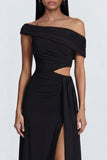 Black Ruched Long Sheath Cut Out Formal Dress with Side Cape