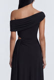 Black Ruched Long Sheath Cut Out Formal Dress with Side Cape