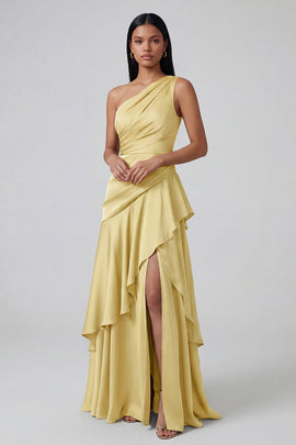Butter Yellow One Shoulder Ruched Long A Line Formal Dress with Ruffles