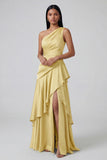 Butter Yellow One Shoulder Ruched Long A Line Formal Dress with Ruffles