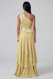 Butter Yellow One Shoulder Ruched Long A Line Formal Dress with Ruffles