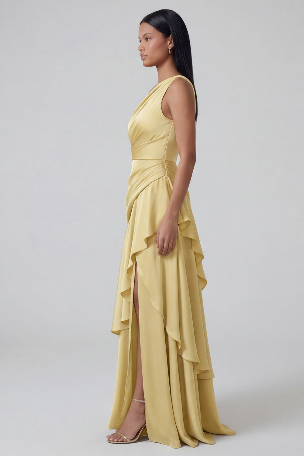 Butter Yellow One Shoulder Ruched Long A Line Formal Dress with Ruffles