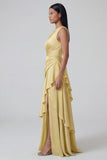 Butter Yellow One Shoulder Ruched Long A Line Formal Dress with Ruffles
