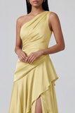 Butter Yellow One Shoulder Ruched Long A Line Formal Dress with Ruffles