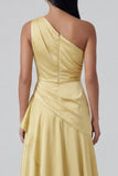 Butter Yellow One Shoulder Ruched Long A Line Formal Dress with Ruffles