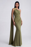 Olive Floral One Shoulder Ruched Long Mermaid Formal Dress with Side Cape