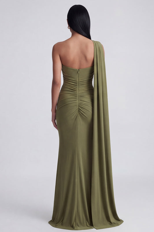 Olive Floral One Shoulder Ruched Long Mermaid Formal Dress with Side Cape