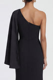 Mermaid One Shoulder Black Ruched Long Formal Dress