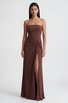 Brown Strapless Ruched Long Sheath Formal Dress with Slit
