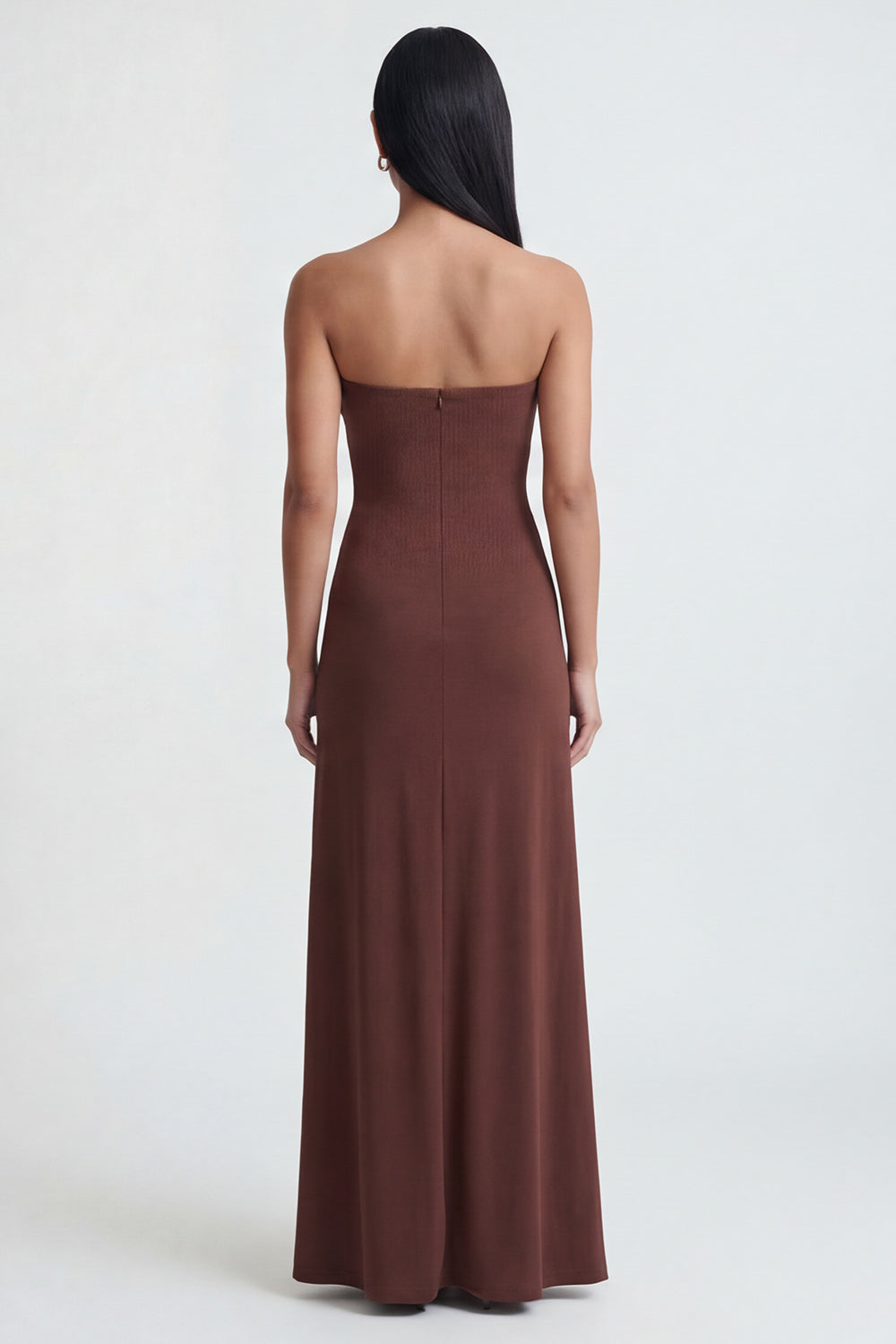Brown Strapless Ruched Long Sheath Formal Dress with Slit