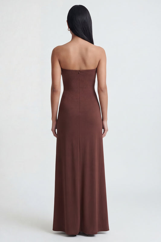 Brown Strapless Ruched Long Sheath Formal Dress with Slit