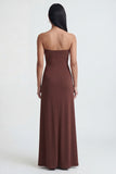 Brown Strapless Ruched Long Sheath Formal Dress with Slit
