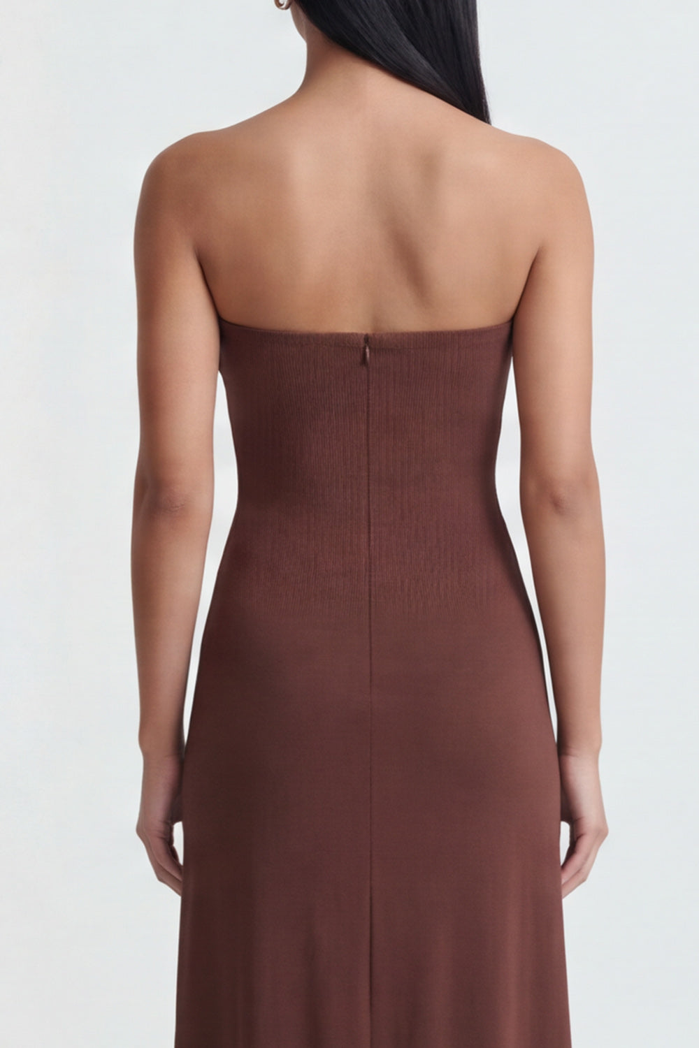 Brown Strapless Ruched Long Sheath Formal Dress with Slit