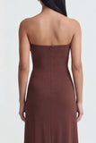 Brown Strapless Ruched Long Sheath Formal Dress with Slit