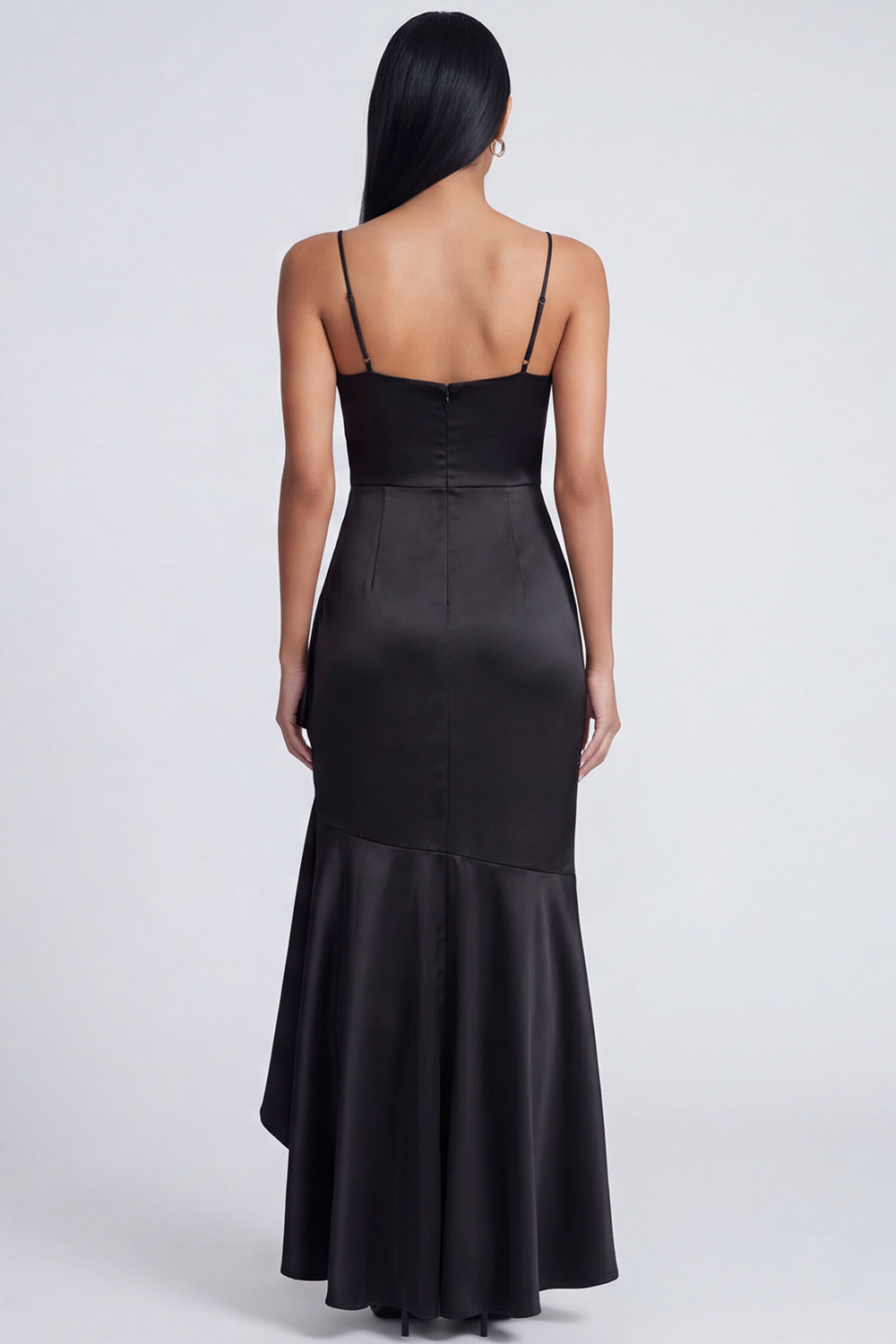 Ruffled Mermaid Black Spaghetti Straps Ruched Long Formal Dress with Slit