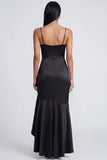 Ruffled Mermaid Black Spaghetti Straps Ruched Long Formal Dress with Slit