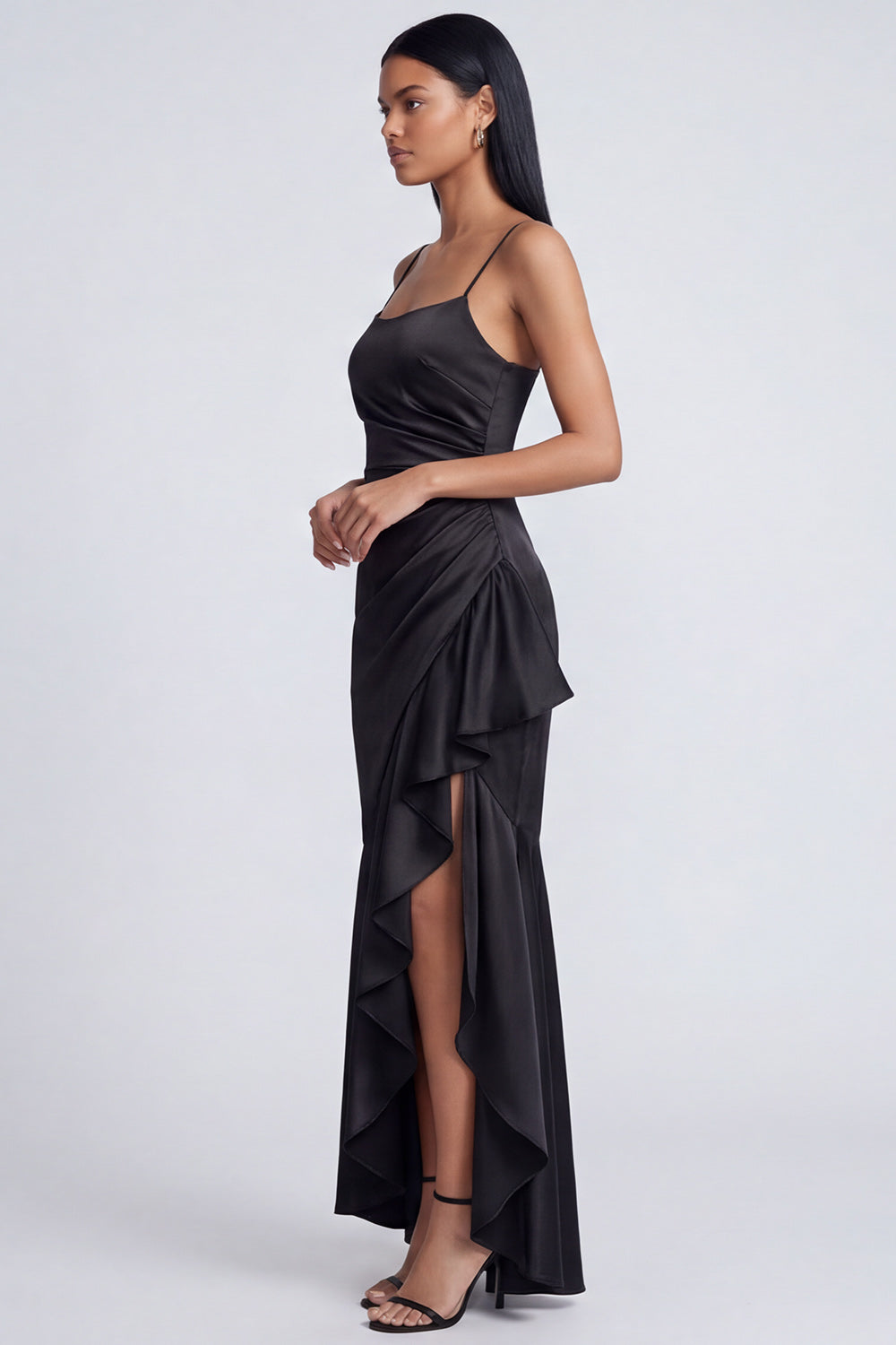 Ruffled Mermaid Black Spaghetti Straps Ruched Long Formal Dress with Slit