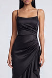 Ruffled Mermaid Black Spaghetti Straps Ruched Long Formal Dress with Slit