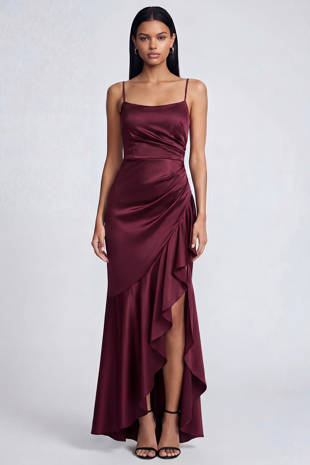 Ruffled Mermaid Black Spaghetti Straps Ruched Long Formal Dress with Slit