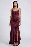 Ruffled Mermaid Black Spaghetti Straps Ruched Long Formal Dress with Slit