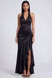 Halter Black Ruched Long Ruffled Mermaid Formal Dress with Slit