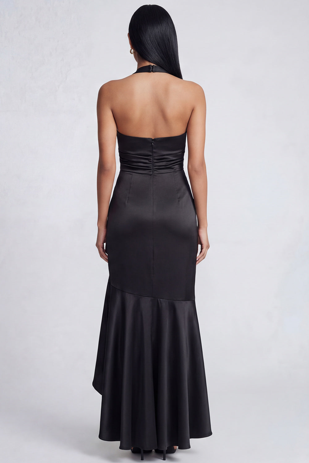 Halter Black Ruched Long Ruffled Mermaid Formal Dress with Slit