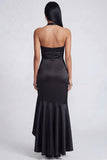 Halter Black Ruched Long Ruffled Mermaid Formal Dress with Slit