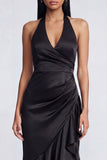 Halter Black Ruched Long Ruffled Mermaid Formal Dress with Slit