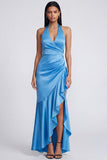 Halter Black Ruched Long Ruffled Mermaid Formal Dress with Slit